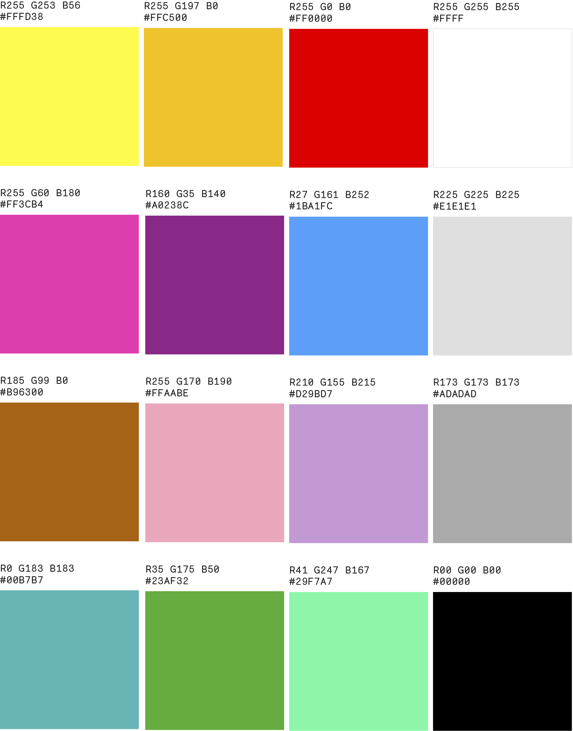 Image shows different coloured squares with their correspondent technical codes.