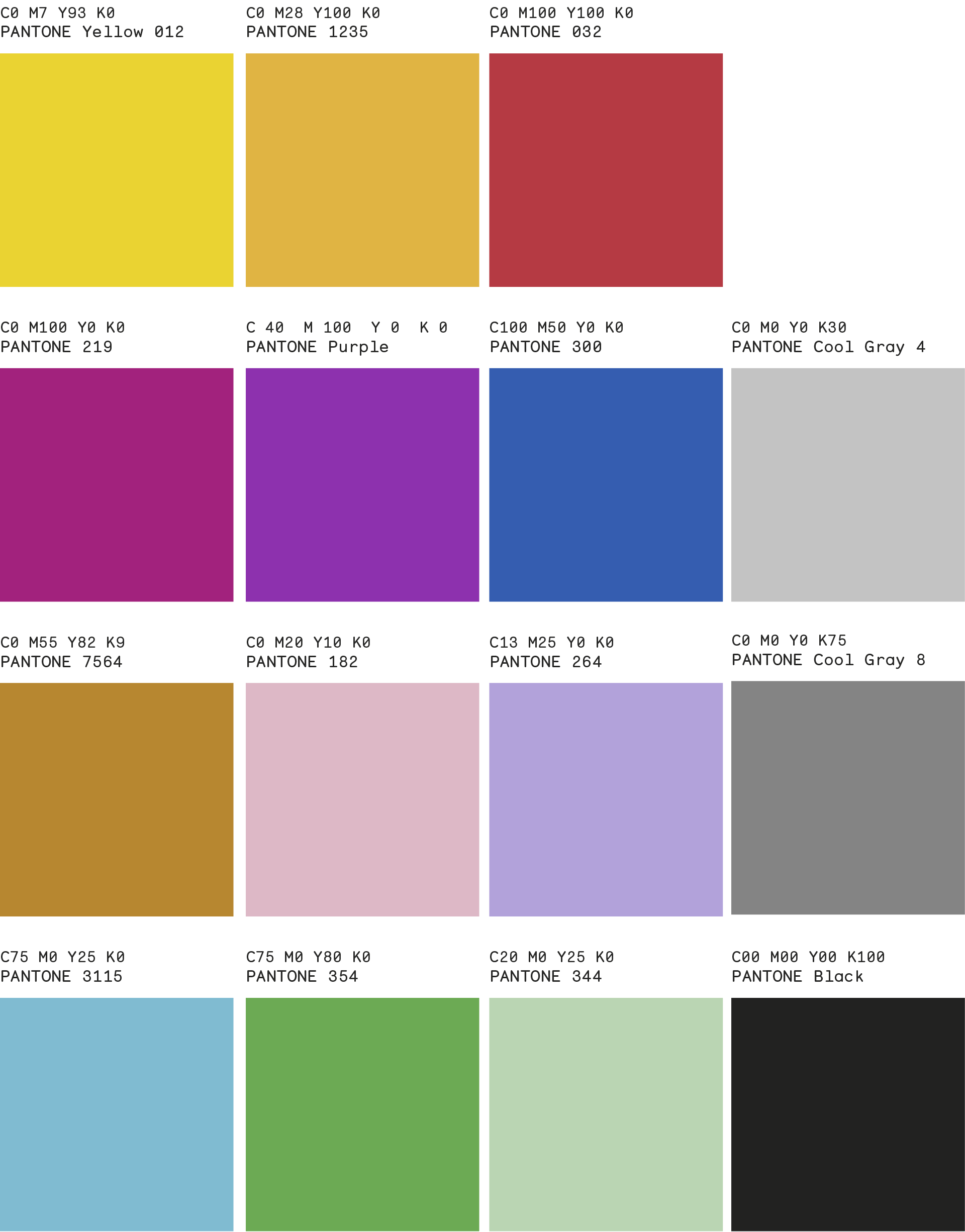 Image shows different coloured squares with their correspondent technical codes.